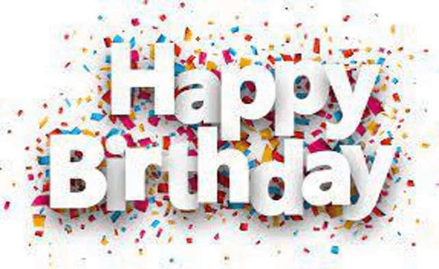 the word happy birthday is surrounded by confetti on a white background .