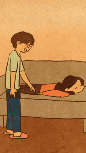 a cartoon of a man standing next to a couch with a woman laying on it