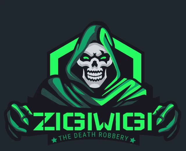 a logo for the death robbery with a skeleton in a green hood