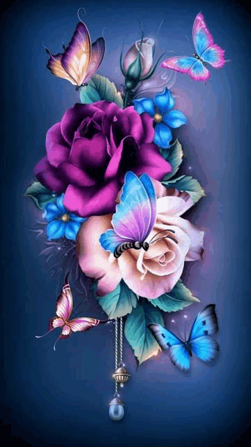 a painting of roses and butterflies on a dark blue background