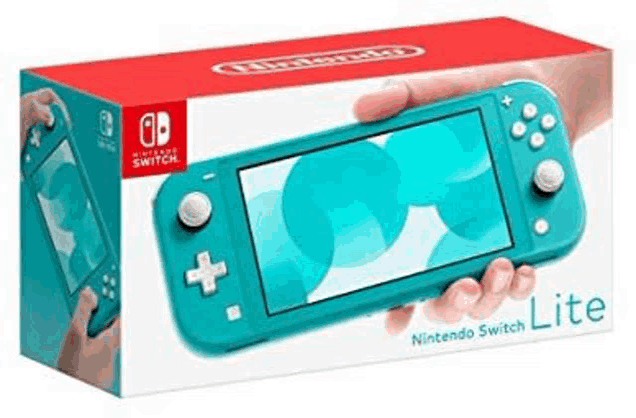 a person is holding a nintendo switch lite in their hand in front of the box .