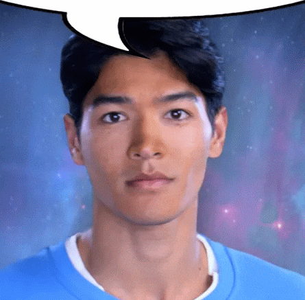 a young man in a blue shirt with a speech bubble above his head .