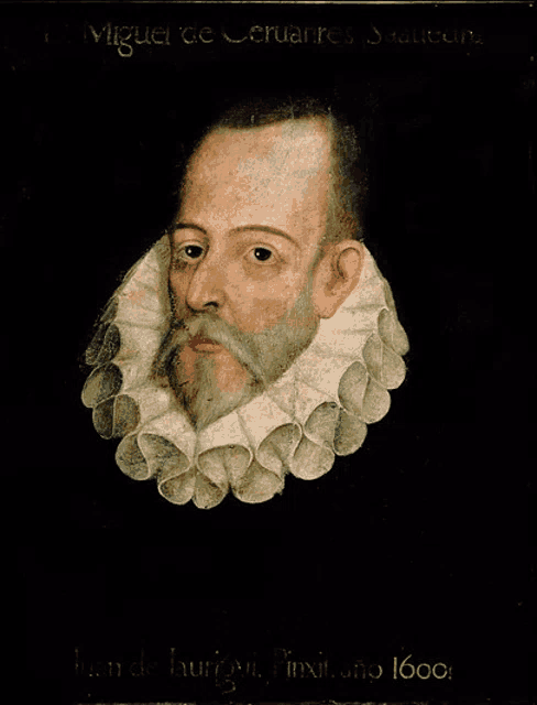 a painting of a man with a beard and a white collar titled miguel de cervantes