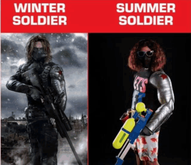 a winter soldier and a summer soldier holding water guns