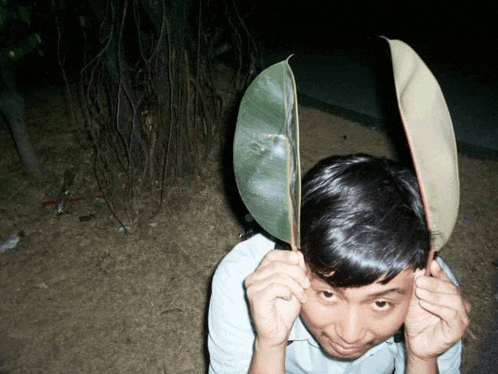 a young man holds a leaf over his face