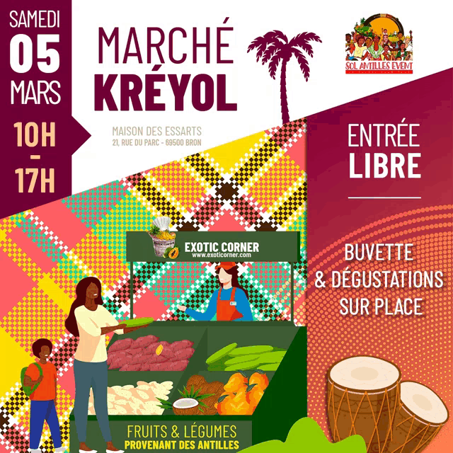 a poster for marche kreyol shows a woman standing in front of a fruit and vegetable stand