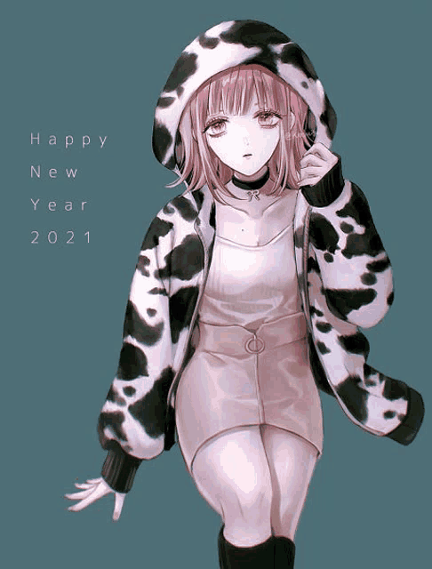 a girl wearing a cow print jacket with the words happy new year 2021 below her