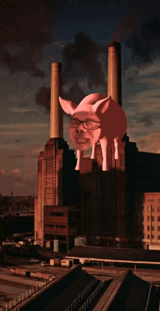 a picture of a pig with glasses standing in front of a power plant