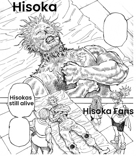 a black and white drawing of a man with hisoka written on the top