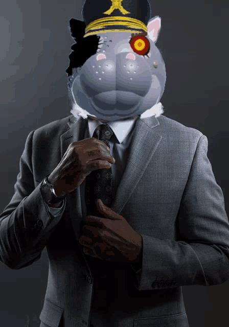 a man in a suit and tie has a cartoon cat head on his head