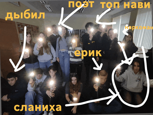 a group of people are posing for a picture with candles in their hands in a room with russian writing