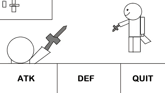 a drawing of a stick figure holding a sword with the words atk def and quit below it