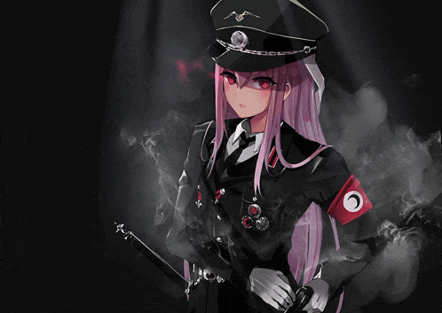 a girl with long pink hair and red eyes is wearing a black uniform