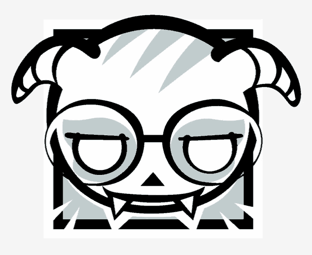 a black and white drawing of a monster with glasses and horns