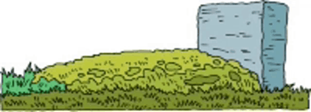 a cartoon drawing of a grassy hill with a stone in the background