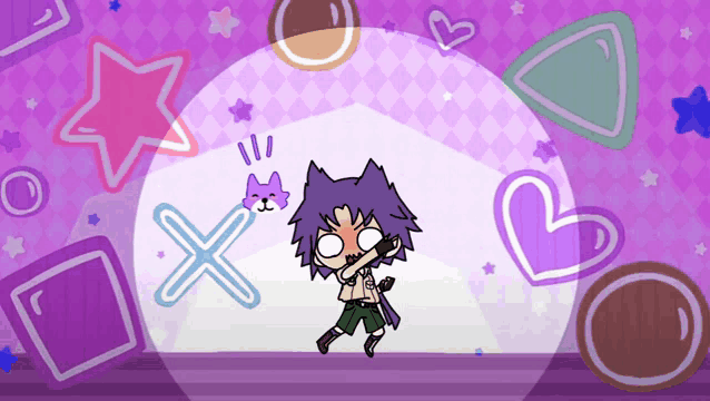 a cartoon character with purple hair is dabbling with a cat