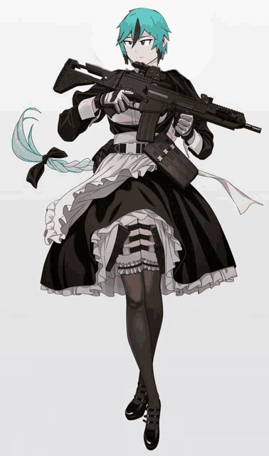 a girl in a maid outfit is holding a rifle