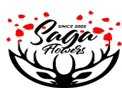 a logo for saga flowers with a deer antlers and red flowers .