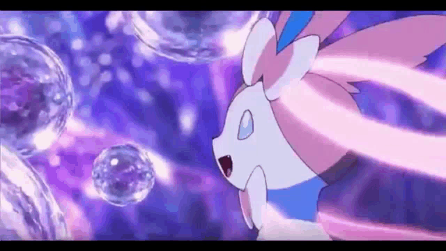 a pink and white pokemon is standing in front of a purple background surrounded by bubbles .