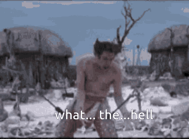 a man without a shirt is holding a stick in a snowy field and says what the hell .