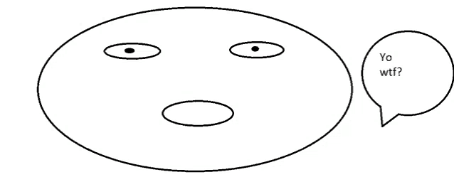 a drawing of a face with a speech bubble saying yo wtf