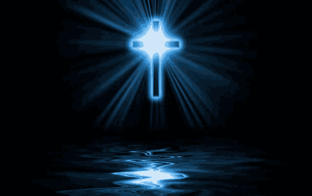 a blue cross is reflected in the water with a black background