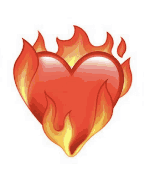 a red heart with flames coming out of it is on a white background .