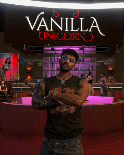 a man stands in front of a vanilla unicorn bar