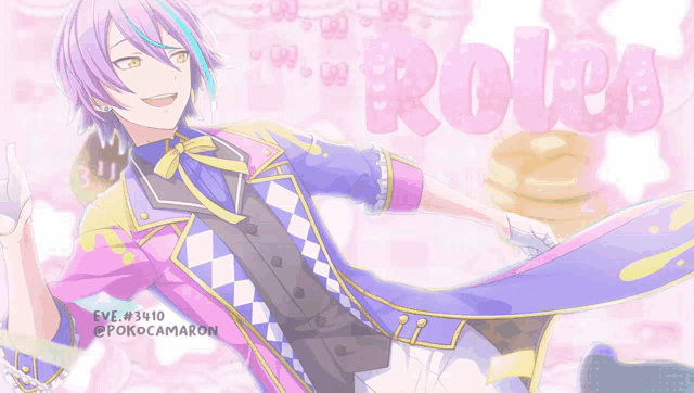 a drawing of a boy with purple hair and the word roleo in pink