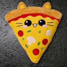 a stuffed pizza with a cat face and ears on it .