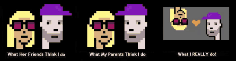 a pixel art of a man and woman with the words what her friends think i do and what my parents think i do below them