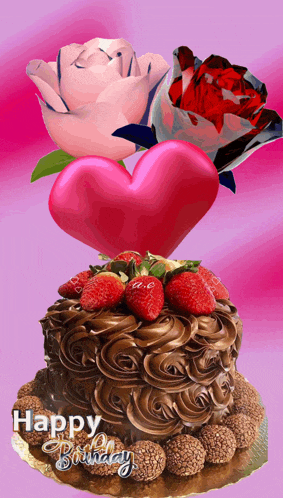 a chocolate cake with strawberries and a heart on top with the words happy birthday written below it