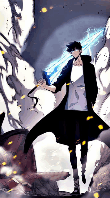 a man in a black coat is holding a large blue sword