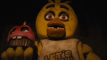 chica from five nights at freddy 's is holding a red cupcake in her hands .