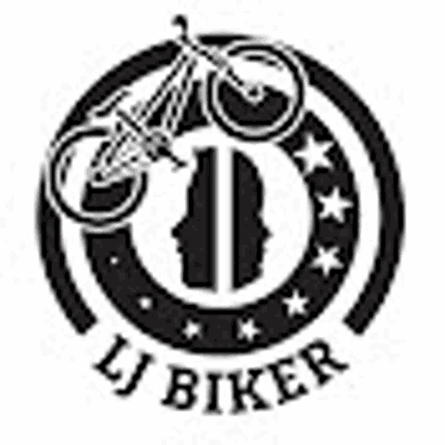 a black and white logo for uj biker with a bicycle and a motorcycle in a circle .