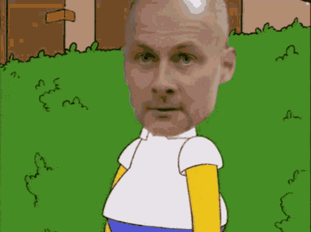 a cartoon of a bald man in a white shirt and yellow pants