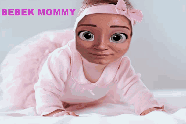 a baby with a cartoon face is crawling on a bed with the words bebek mommy above her