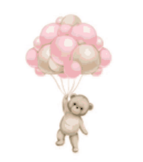 a teddy bear is flying through the air while holding a bunch of pink and gold balloons .