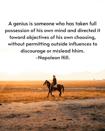 a man riding a horse with a quote by napoleon hill