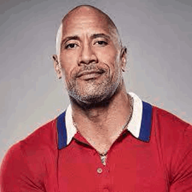 the rock is wearing a red polo shirt with a blue collar .