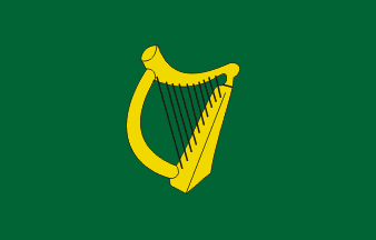 a green background with a yellow harp in the center