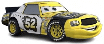 a yellow and white racing car with the number 52 on the side .