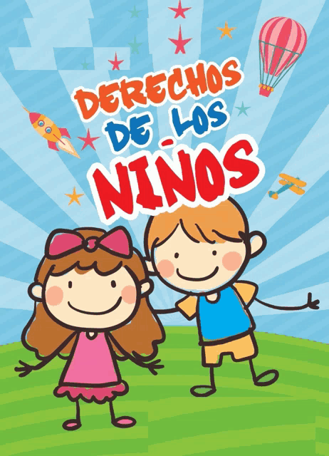 a poster for derechos de los ninos with a boy and a girl holding hands