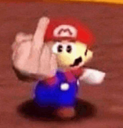 a close up of a mario character giving the middle finger .