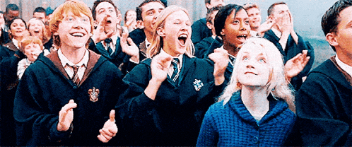 a group of people in harry potter uniforms are dancing and laughing .