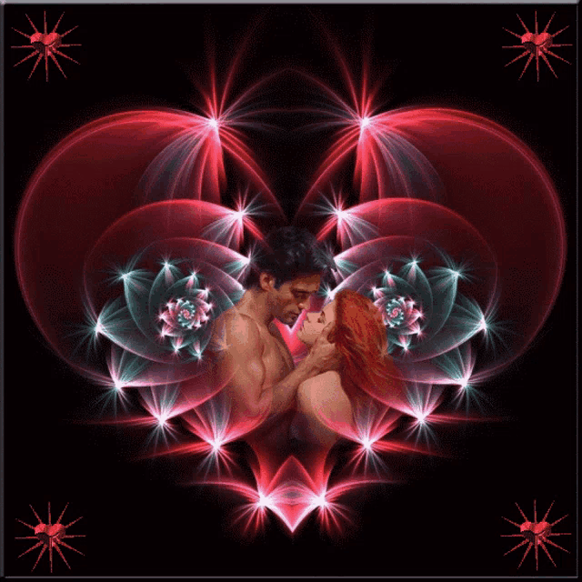 a man and a woman are kissing in front of a heart shaped background