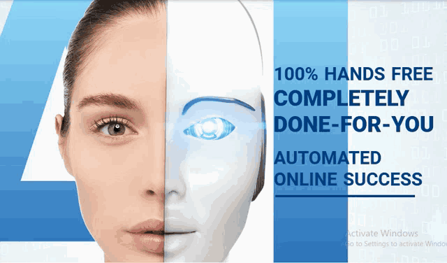 a picture of a woman 's face and a robot 's face with the words 100 % hands free completely done for you