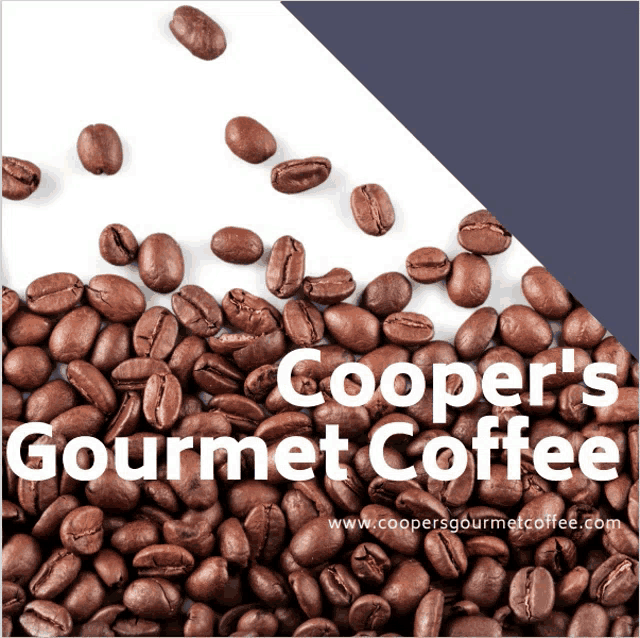 a pile of coffee beans with the words cooper 's gourmet coffee written on it