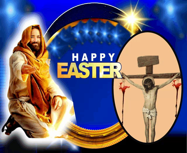 a poster that says happy easter with a picture of jesus on a cross