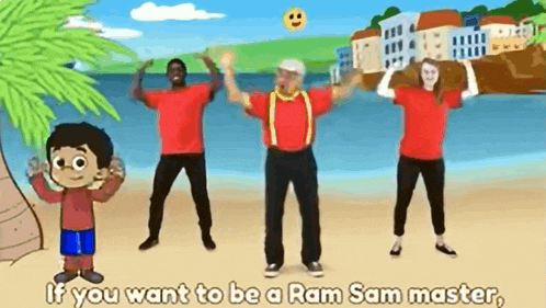 a group of people are dancing on a beach with the words if you want to be a ram sam master at the bottom